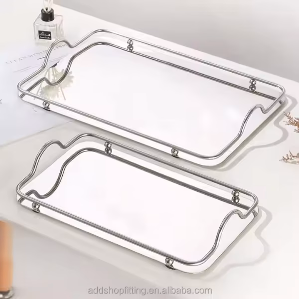 Gold Silver Stainless Steel Luxury Rectangle Decorative Serving Tray with Handles - Image 2