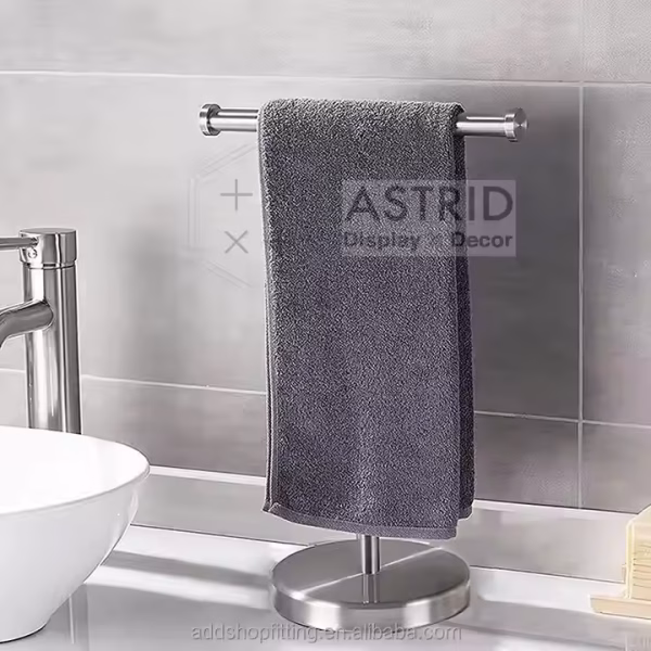 Silver T Brushed Stainless Steel Countertop Storage Stand Toilet Paper Holder Towel Rack for Hotel - Image 6