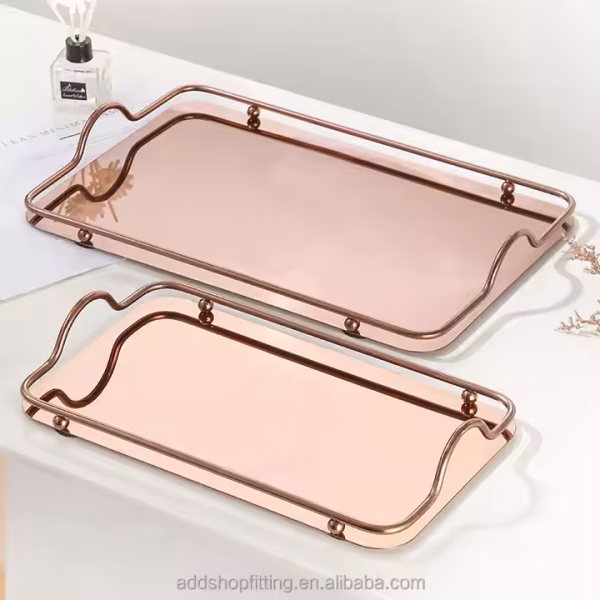 Gold Silver Stainless Steel Luxury Rectangle Decorative Serving Tray with Handles - Image 3