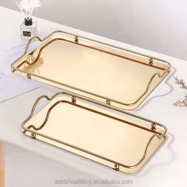 Gold Silver Stainless Steel Luxury Rectangle Decorative Serving Tray with Handles - Image 4