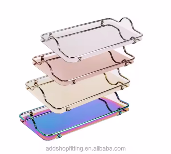 Gold Silver Stainless Steel Luxury Rectangle Decorative Serving Tray with Handles - Image 6