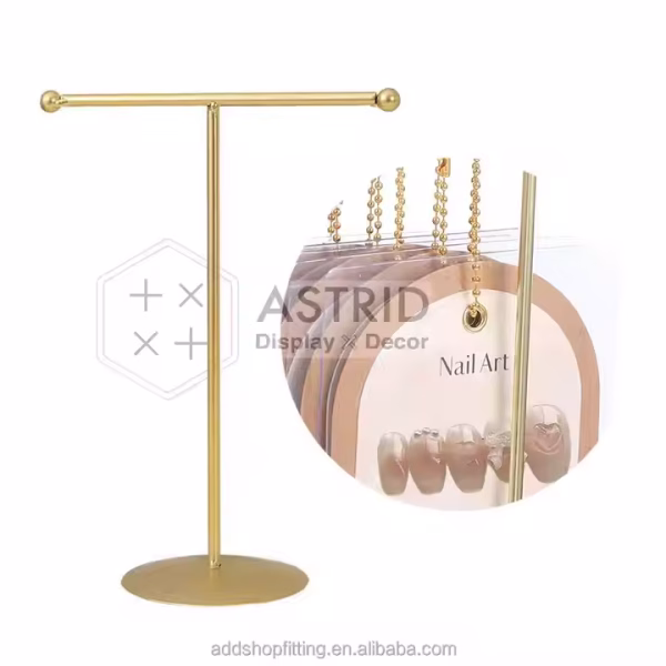 Golden T Steel Holder Stand Polish Sample Card Nail Display for Store Retail Home