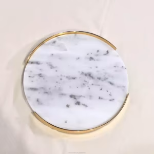 Luxury Durable Stainless Steel Gold Round White Marble Decorative Serving Tray for Home Shop Decor
