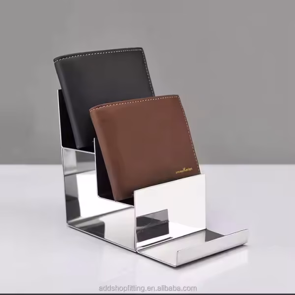 Durable Stainless Steel Custom Logo Mirror Stainless Steel Silver Mirror Display Stand Purse Wallet Holder - Image 2