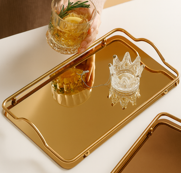 Stainless Steel Decorative Serving Tray with Handles, Gold or Silver Rectangular Design