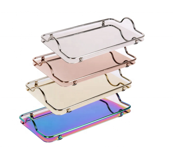 Stainless Steel Decorative Serving Tray with Handles, Gold or Silver Rectangular Design - Image 6