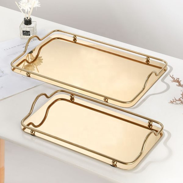 Stainless Steel Decorative Serving Tray with Handles, Gold or Silver Rectangular Design - Image 5