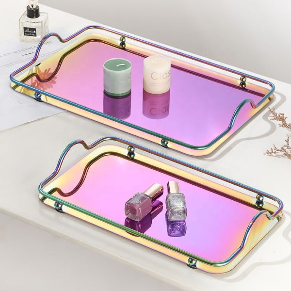 Stainless Steel Decorative Serving Tray with Handles, Gold or Silver Rectangular Design - Image 4