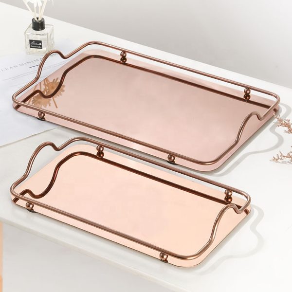Stainless Steel Decorative Serving Tray with Handles, Gold or Silver Rectangular Design - Image 3