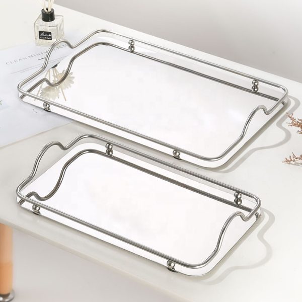 Stainless Steel Decorative Serving Tray with Handles, Gold or Silver Rectangular Design - Image 2