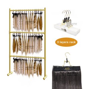Movable 3-Tier Wig & Hair Extension Rack, Gold Rolling Rail Display Stand for Salons
