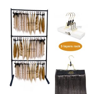Movable 3-Tier Wig & Hair Extension Rack, Black Rolling Rail Display Stand for Salons