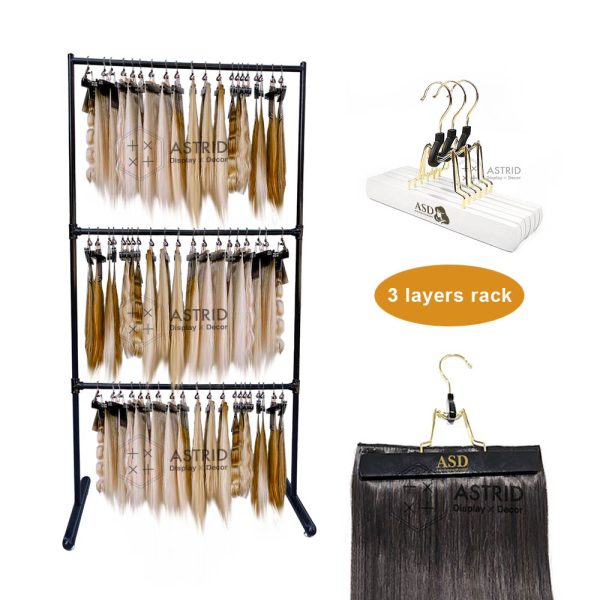 Movable 3-Tier Wig & Hair Extension Rack, Black Rolling Rail Display Stand for Salons