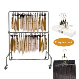 Movable 2-Tier Chrome Wig Display Stand, Rolling Steel Rack for Hair Extension Hangers