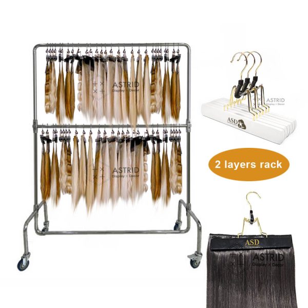 Movable 2-Tier Chrome Wig Display Stand, Rolling Steel Rack for Hair Extension Hangers