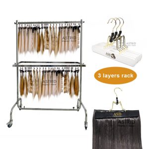 Movable 3-Tier Chrome Wig Display Stand, Rolling Steel Rack for Hair Extension Hangers