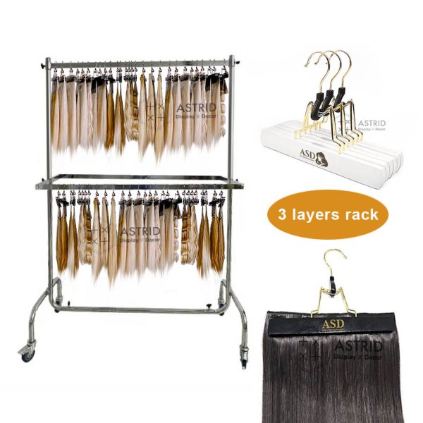 Movable 3-Tier Chrome Wig Display Stand, Rolling Steel Rack for Hair Extension Hangers