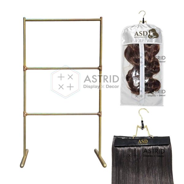 Movable 3-Tier Wig & Hair Extension Rack, Gold Rolling Rail Display Stand for Salons - Image 2